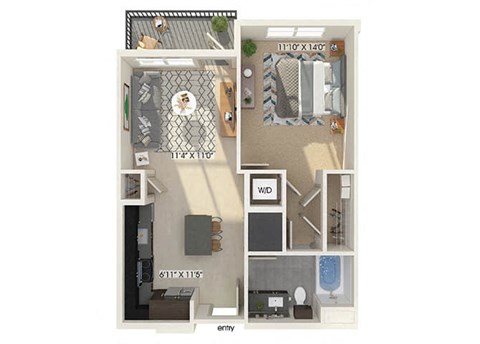 Floor plan for 1 bed, 1 bath, 688 sqft