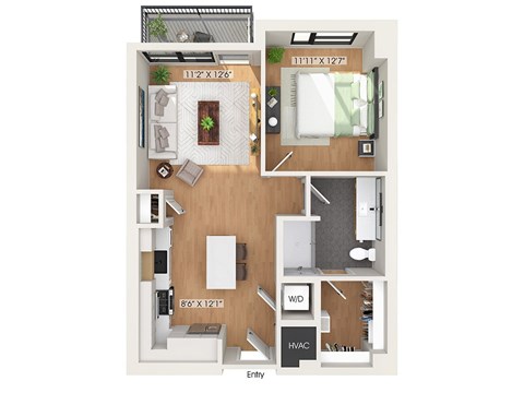 Floor plan for 1 bed, 1 bath, 715 sqft