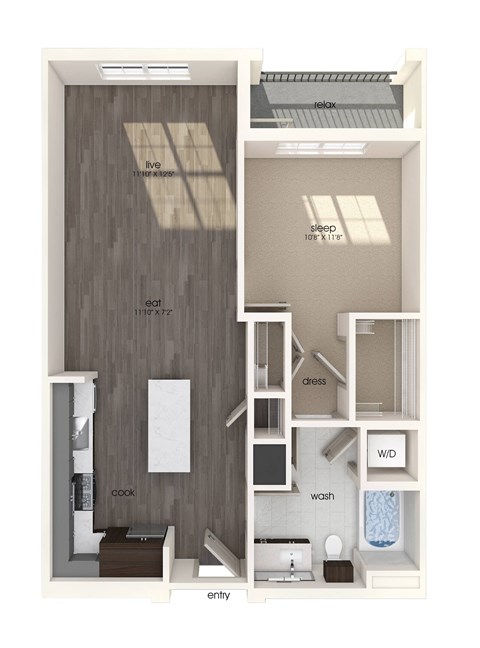 Floor plan for 1 bed, 1 bath, 757 sqft