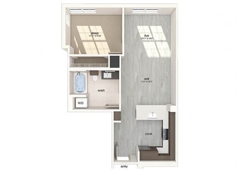 Floor plan for 1 bed, 1 bath, 685 sqft