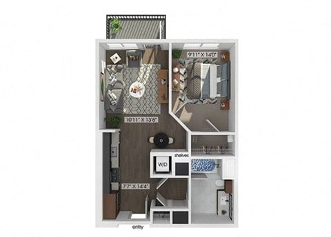 Floor plan for 1 bed, 1 bath, 650 sqft