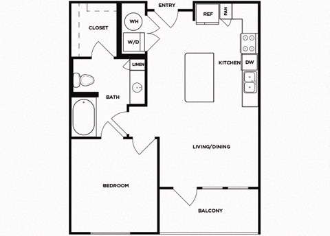 Floor plan for 1 bed, 1 bath, 618 sqft