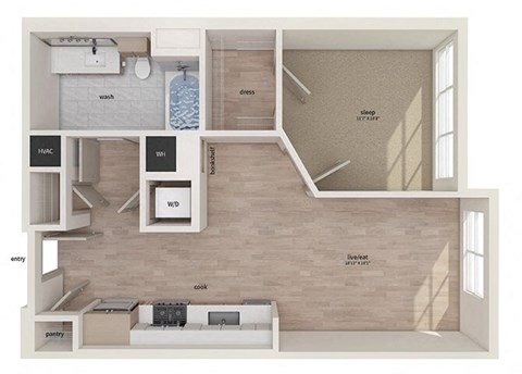 Floor plan for 1 bed, 1 bath, 694 sqft