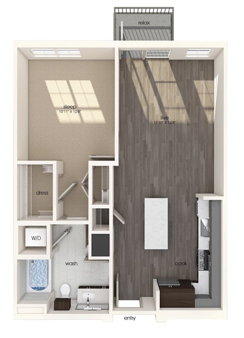 Floor plan for 1 bed, 1 bath, 741 sqft