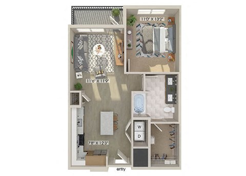 Floor plan for 1 bed, 1 bath, 749 sqft