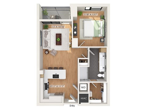 Floor plan for 1 bed, 1 bath, 766 sqft
