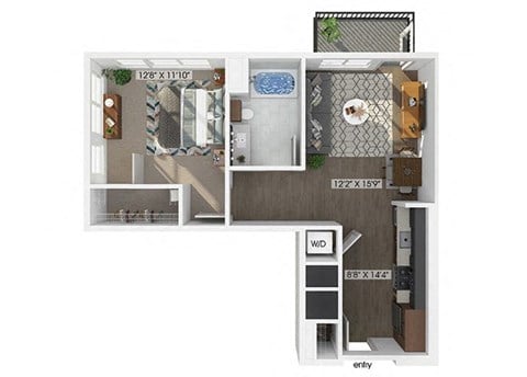 Floor plan for 1 bed, 1 bath, 700 sqft