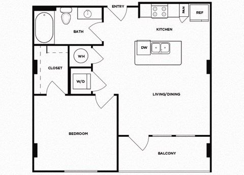 Floor plan for 1 bed, 1 bath, 627 sqft
