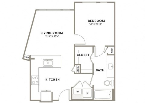 Floor plan for 1 bed, 1 bath, 649 sqft