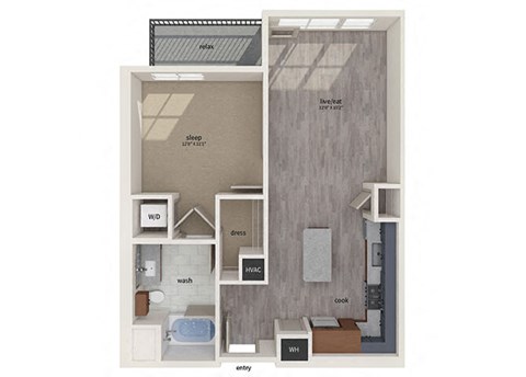 Floor plan for 1 bed, 1 bath, 758 sqft