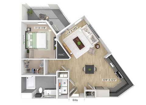 Floor plan for 1 bed, 1 bath, 736 sqft
