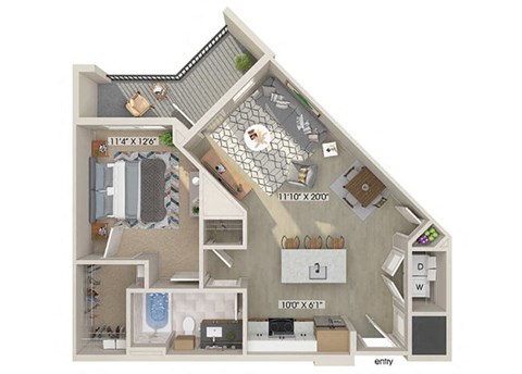 Floor plan for 1 bed, 1 bath, 751 sqft