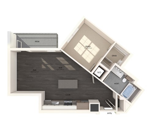 Floor plan for 1 bed, 1 bath, 761 sqft