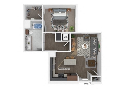 Floor plan for 1 bed, 1 bath, 883 sqft