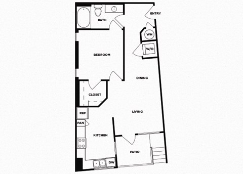 Floor plan for 1 bed, 1 bath, 644 sqft