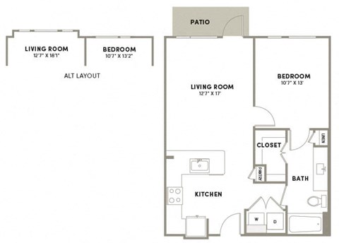 Floor plan for 1 bed, 1 bath, 710 sqft