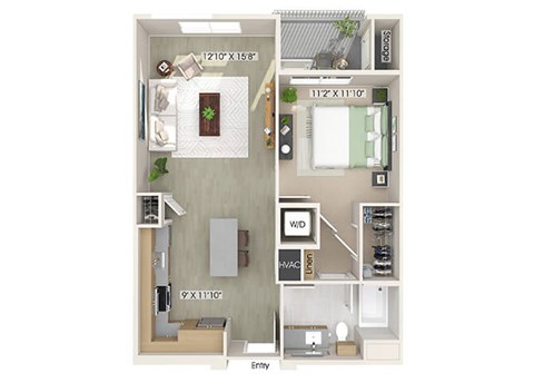 Floor plan for 1 bed, 1 bath, 752 sqft