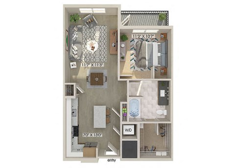 Floor plan for 1 bed, 1 bath, 759 sqft