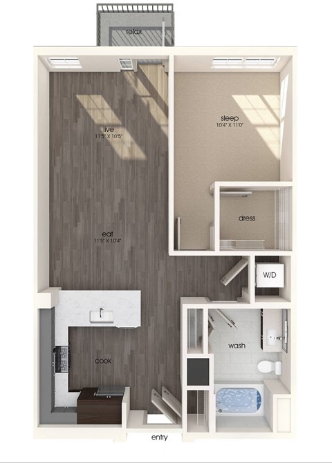 Floor plan for 1 bed, 1 bath, 779 sqft