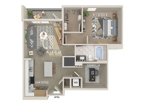 Floor plan for 1 bed, 1 bath, 797 sqft