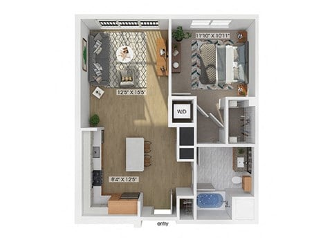 Floor plan for 1 bed, 1 bath, 755 sqft