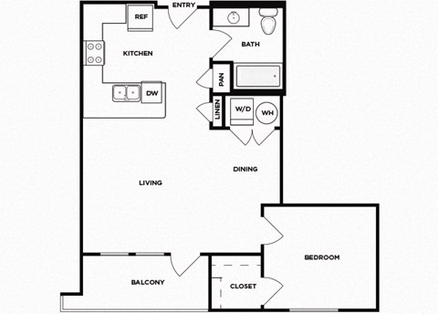 Floor plan for 1 bed, 1 bath, 670 sqft