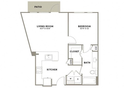 Floor plan for 1 bed, 1 bath, 732 sqft