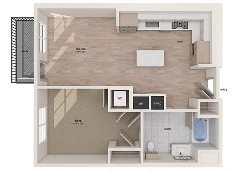 Floor plan for 1 bed, 1 bath, 755 sqft