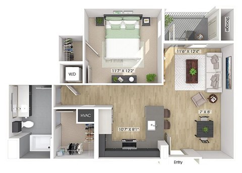 Floor plan for 1 bed, 1 bath, 769 sqft