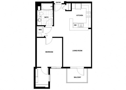Floor plan for 1 bed, 1 bath, 769 sqft