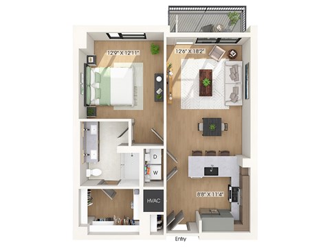 Floor plan for 1 bed, 1 bath, 819 sqft