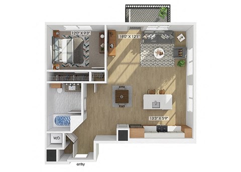 Floor plan for 1 bed, 1 bath, 923 sqft