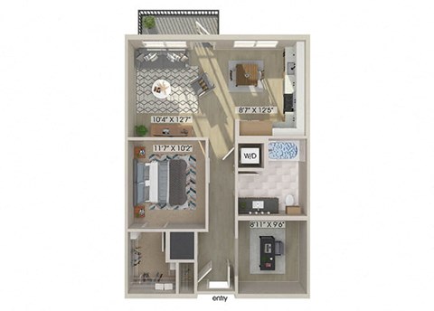 Floor plan for 1 bed, 1 bath, 811 sqft
