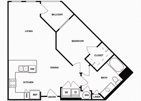 Floor plan for 1 bed, 1 bath, 753 sqft