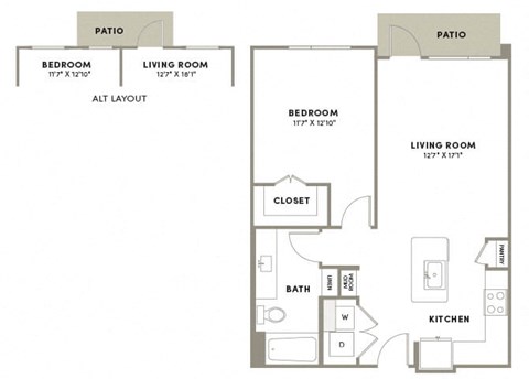 Floor plan for 1 bed, 1 bath, 777 sqft