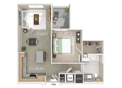 Floor plan for 1 bed, 1 bath, 782 sqft