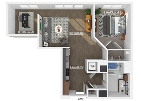 Floor plan for 1 bed, 1 bath, 839 sqft
