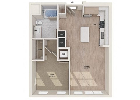 Floor plan for 1 bed, 1 bath, 755 sqft