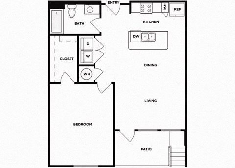 Floor plan for 1 bed, 1 bath, 773 sqft