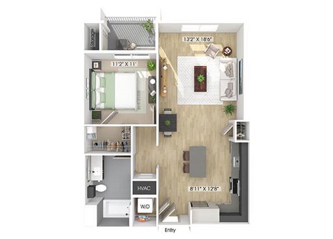 Floor plan for 1 bed, 1 bath, 800 sqft