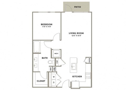 Floor plan for 1 bed, 1 bath, 802 sqft