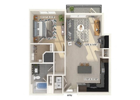 Floor plan for 1 bed, 1 bath, 813 sqft