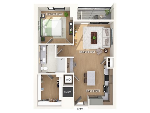 Floor plan for 1 bed, 1 bath, 865 sqft
