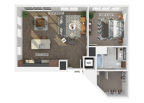 Floor plan for 1 bed, 1 bath, 852 sqft