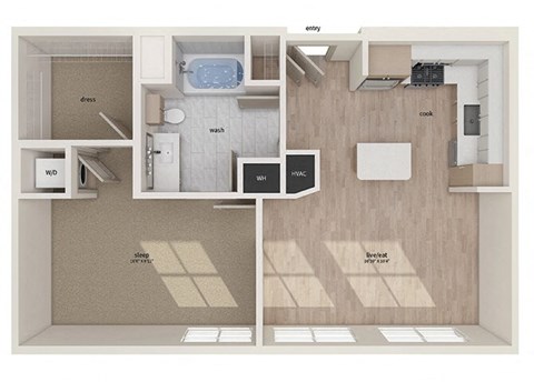 Floor plan for 1 bed, 1 bath, 760 sqft