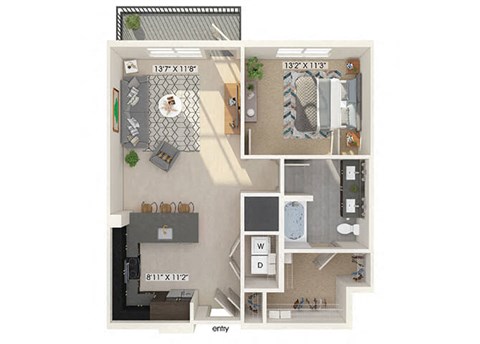 Floor plan for 1 bed, 1 bath, 836 sqft