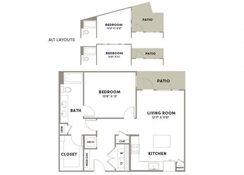 Floor plan for 1 bed, 1 bath, 888 sqft