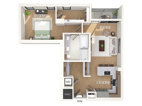 Floor plan for 1 bed, 1 bath, 913 sqft