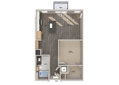 Floor plan for 1 bed, 1 bath, 779 sqft