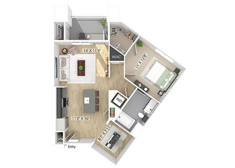 Floor plan for 1 bed, 1 bath, 836 sqft